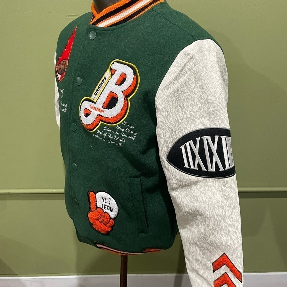 Bleecker&Mercer jacket varsity green/white bomber snap button - Picture 3 of 4